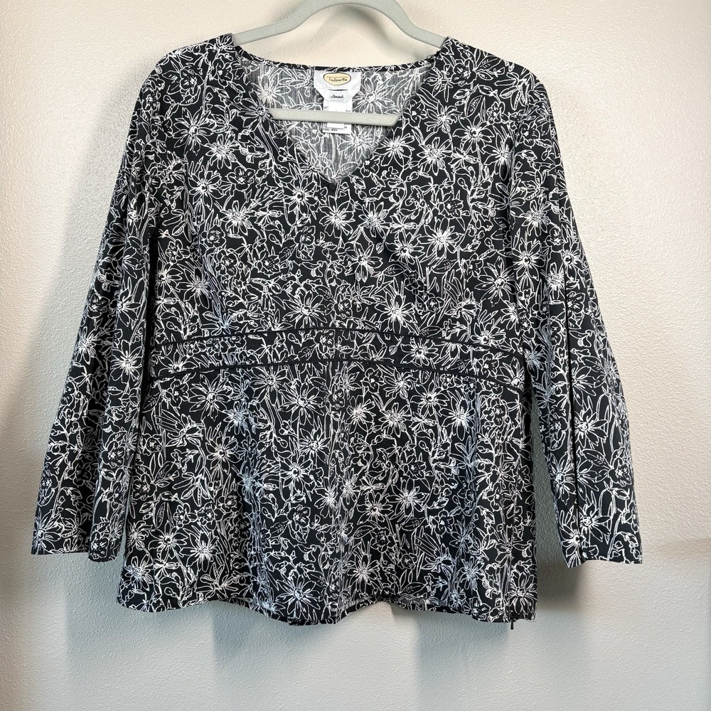 TALBOTS Womens L Top Shirt Blouse BLACK WHITE FLORAL Pattern Cotton Blend